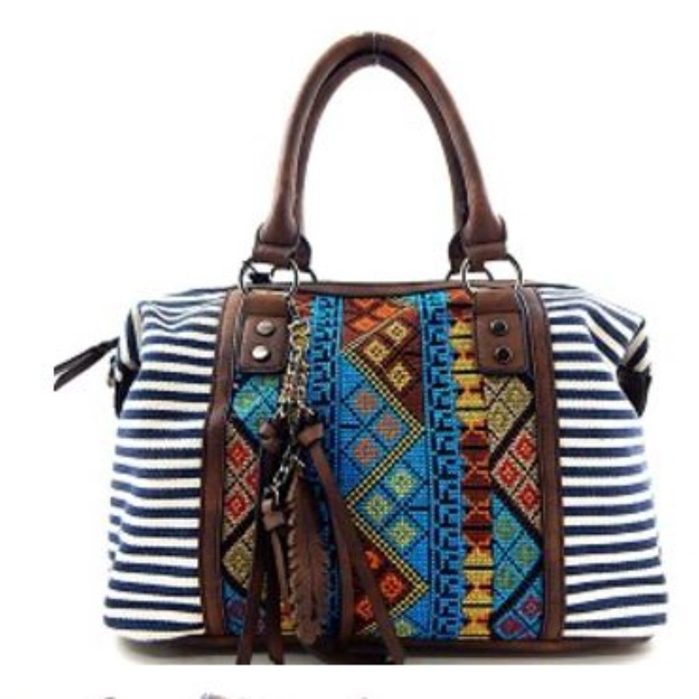 Aztec & Stripe Print Boston Satchel